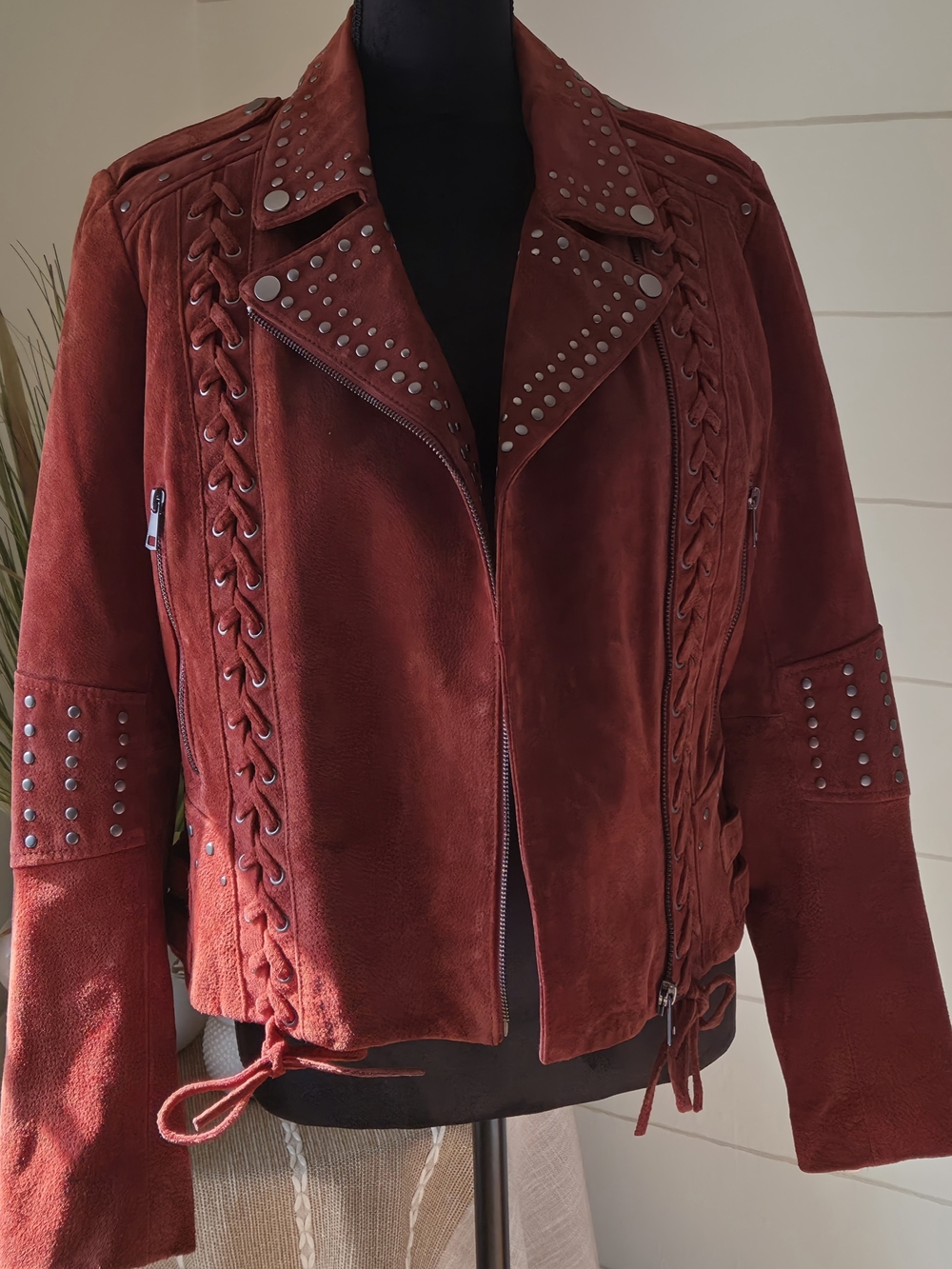 Belle Vere Brown Cognac Suede Belted Leather Fringe Studded Biker Moto Jacket L